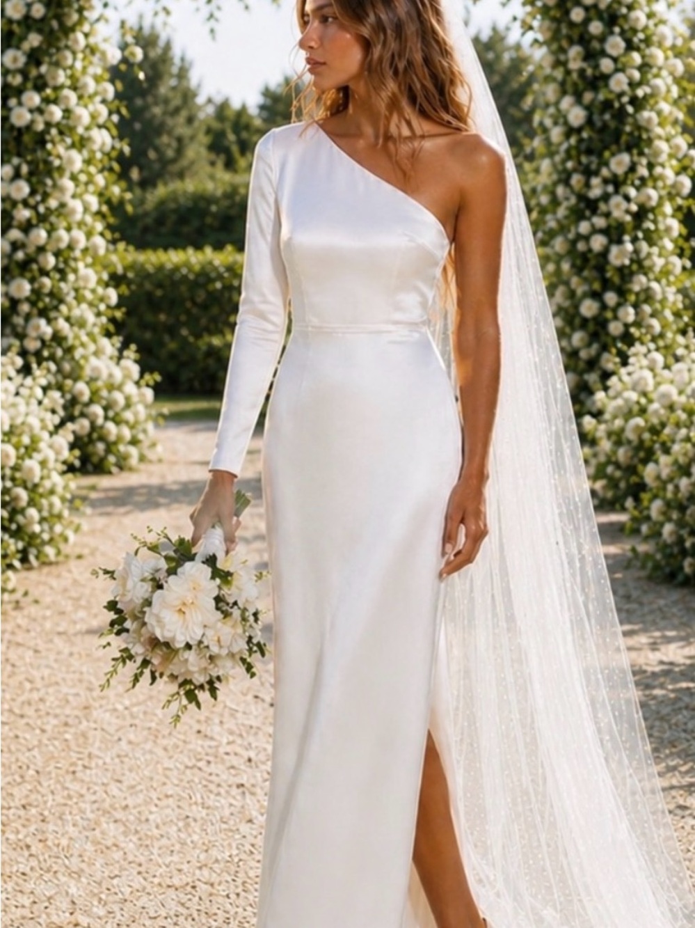 Reformation Winifred Satin Dress One-Shoulder Satin Bridal Gown in off white